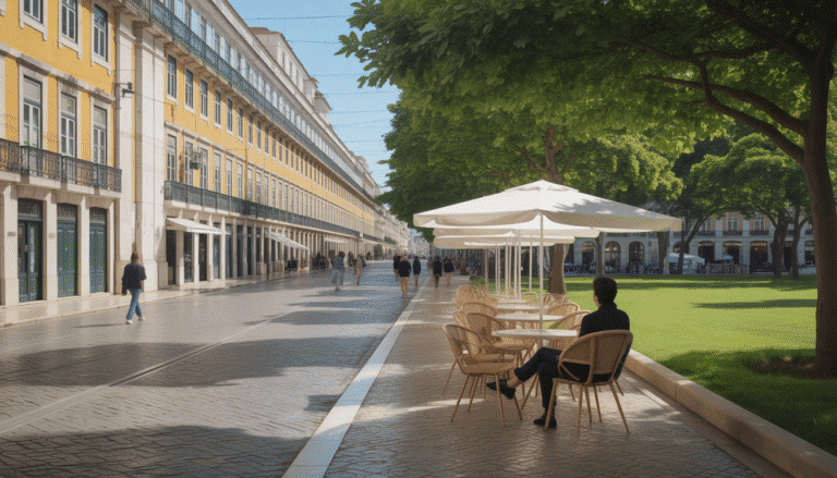Personne assise à un café extérieur dans une rue ensoleillée de Lisbonne