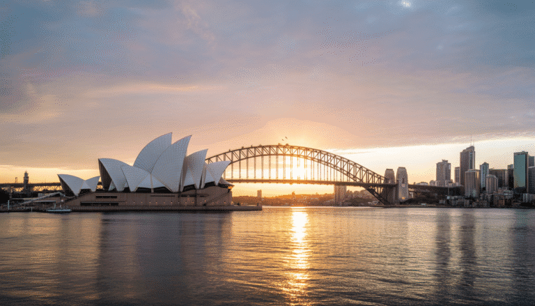 Photo réaliste du skyline de Sydney au coucher du soleil
