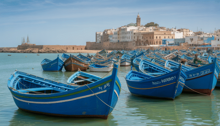 Les remparts historiques d’Essaouira surplombant le port avec des bateaux bleus traditionnels au premier plan