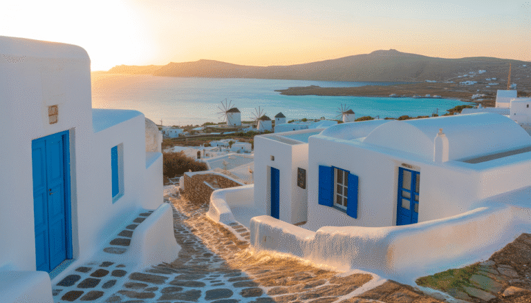 Rue pavée étroite dans un village cycladique de Paros au coucher du soleil