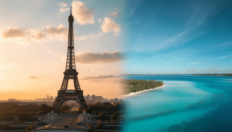 Vue partagée de la Tour Eiffel au coucher du soleil et d’un lagon turquoise à Mayotte en plein jour