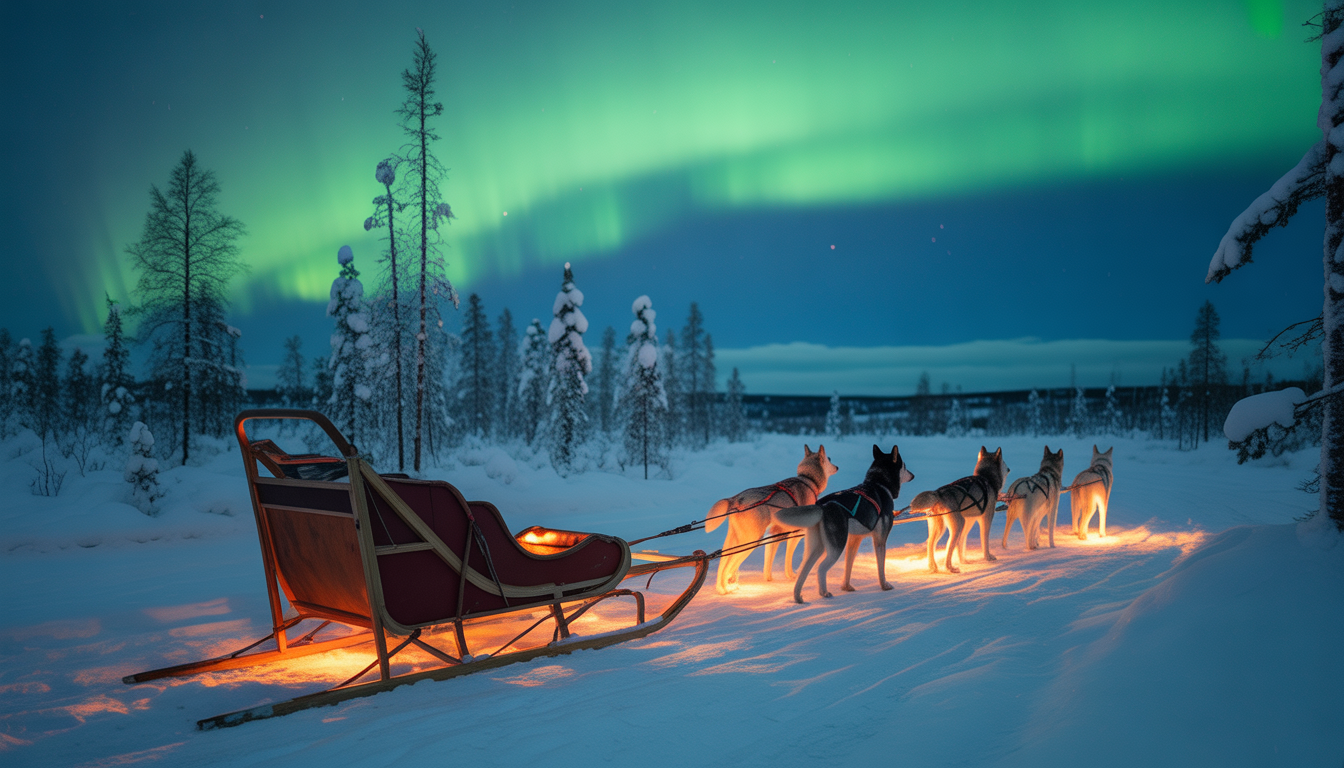 Sleigh pulled by huskies through snowy Rovaniemi at night with northern lights above