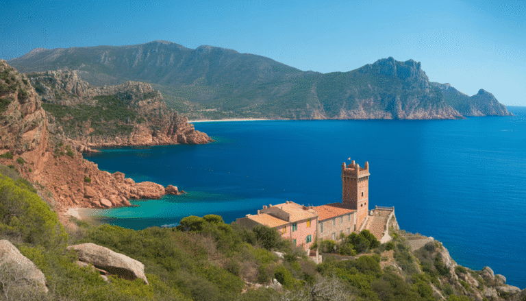 Vue photoréaliste du village de Porto en Corse avec tour génoise dominant une mer turquoise, falaises rouges des Calanques de Piana et montagnes sous ciel clair