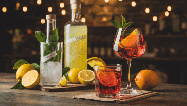 Trois boissons italiennes : Spritz, Limoncello et Negroni sur table en bois