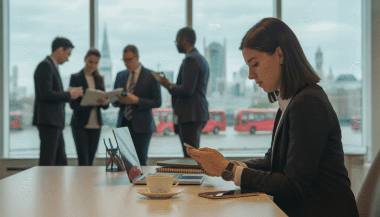 Young professional at modern desk with London view and team