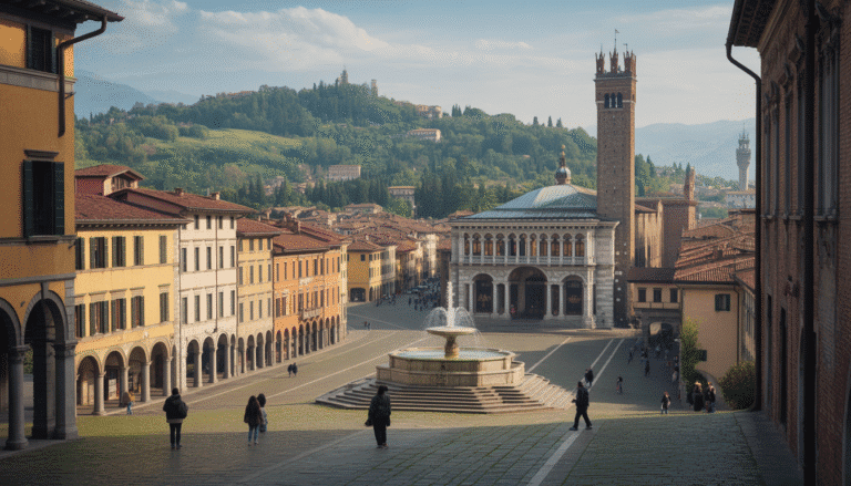 Vue panoramique photoréaliste de la Città Alta à Bergame avec la fontaine Contarini, des bâtiments Renaissance et les collines de Lombardie